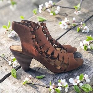 Vince Camuto Eliaz Brown Leather Cage Sandals Open Toe Cone Heel Booties 8M 38